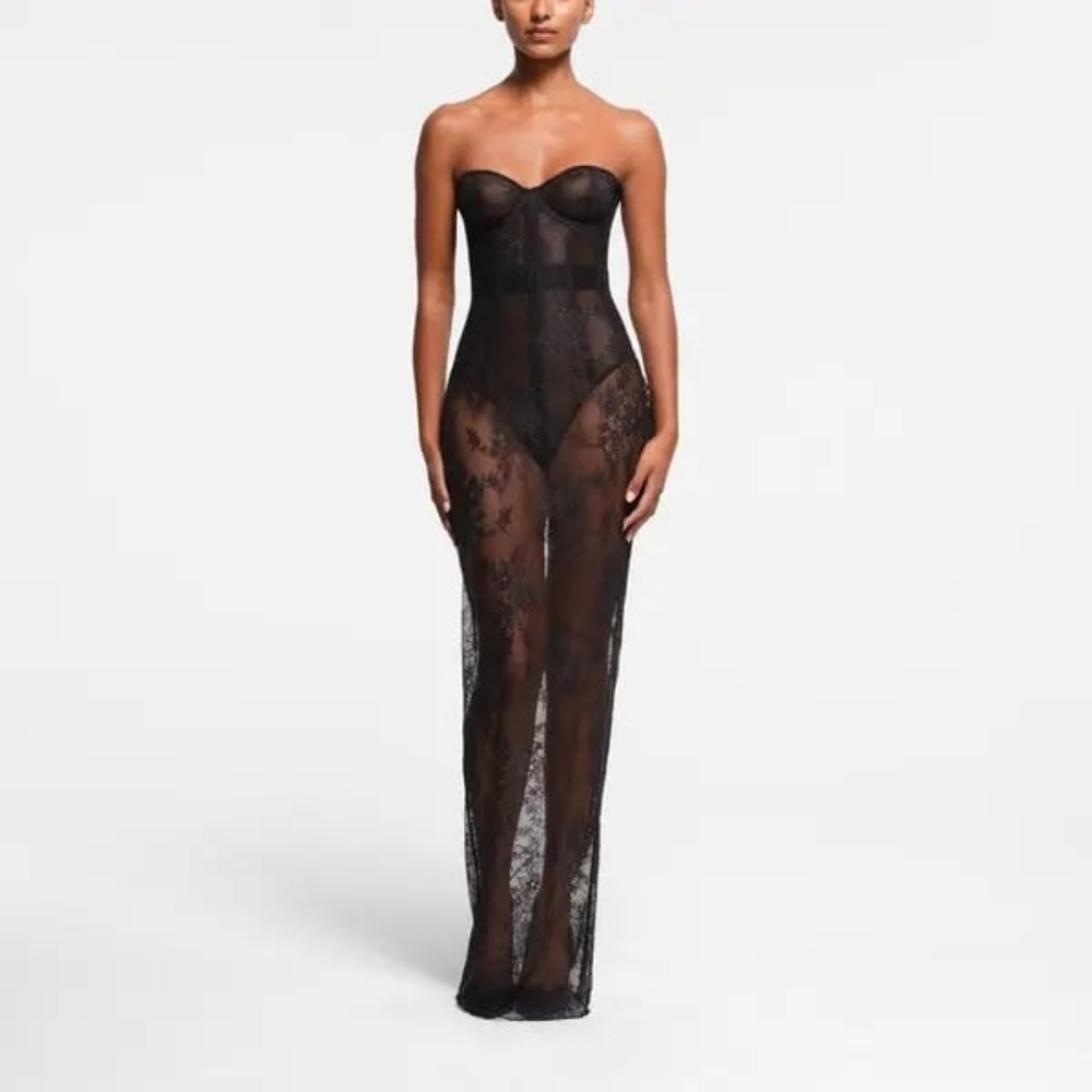 1. NWT SKIMS ULTRA FINE LACE STRAPLESS CORSET LONG DRESS - Picture 8 of 14